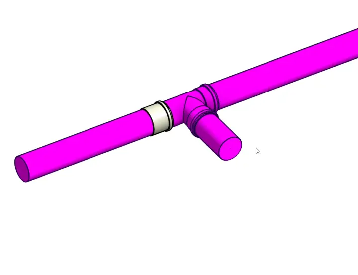 Revit 3D view with a magenta pipe and a 90° tee created with EZ Pipe